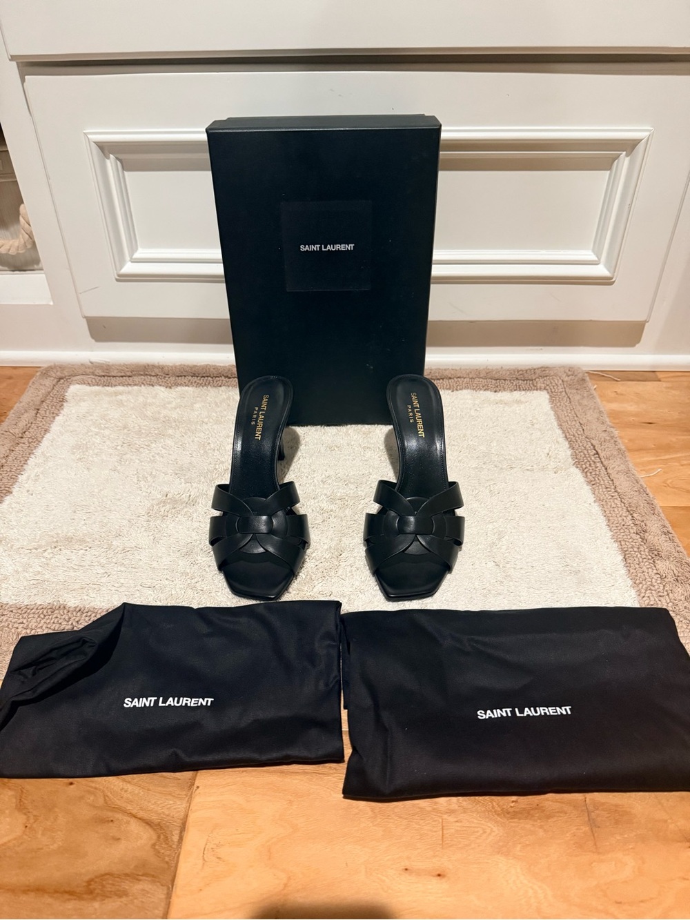 Saint Laurent Tribute 85 Black Woven Leather Slide Sandals